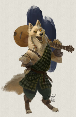 acoustic_guitar anthro bottomwear claws clothed clothing fur great_kilt guitar kilt mac_tyre male musical_instrument open_mouth plucked_string_instrument simple_background solo standing string_instrument teeth toe_claws yellow_eyes jerome_jacinto armello league_of_geeks fan_character canid canine canis mammal wolf digital_media_(artwork)