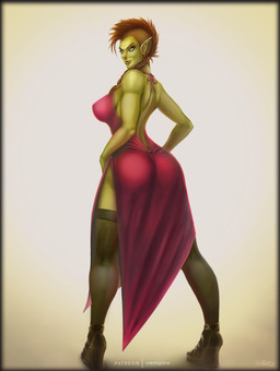 big_butt breasts bridge_piercing butt clothed clothing dress ear_piercing eyebrow_piercing facial_piercing female footwear green_body green_eyes green_skin hair high_heels humanoid_pointy_ears legwear lip_piercing lip_ring looking_at_viewer looking_back nipples nose_piercing nose_ring not_furry piercing pointy_ears ring_piercing shoes simple_background smile solo standing stockings vempire blizzard_entertainment warcraft lokreta humanoid orc 2018 absurd_res digital_media_(artwork) hi_res