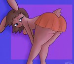 anthro bent_over big_butt blue_eyes blush bottomwear breasts brown_hair butt clothed clothing female furgonomics hair looking_back raised_tail simple_background skirt solo tail tail_through_skirt thick_thighs topless trippybunny cecelia_(trippybunny) lagomorph leporid mammal rabbit hi_res