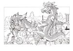 2009 ambiguous_gender anthro barbel_(anatomy) black_and_white border brush claws conditional_dnp container cup detailed_background dragon duo eastern_dragon flesh_whiskers hand_fan holding_object horn loupgarou lying macro monochrome mountain mythological_creature mythological_scalie mythology outside paintbrush scales scalie sitting tail teapot white_border