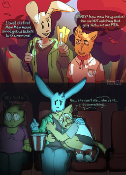 anthro bodily_fluids crying cuddling duo humor male male/male movie_theater tears text watching_movie secondquinn deltarune undertale undertale_(series) alphys burgerpants nicecream_man domestic_cat felid feline felis lagomorph leporid mammal rabbit absurd_res comic english_text hi_res