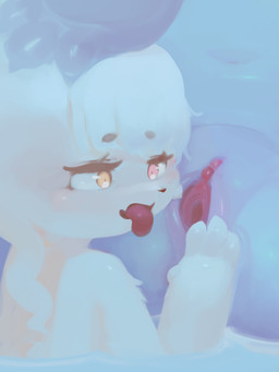 4_fingers anal anal_penetration anthro bangs black_nose blue_body blush clitoral_hood clitoris cute_fangs duo eyelashes fangs female female/female fingering fingers fur genitals hair hand_on_head heterochromia kemono open_mouth penetration pupils red_eyes short_hair spread_vulva spreading swimming tan_body tan_fur teeth tongue tongue_out vaginal vulva water yellow_eyes young hasukii herba_(hasukii) canid canine mammal 3:4