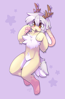 ambiguous_gender anthro antlers blush chest_tuft chibi fur grey_tail hair horn orange_eyes pawpads pink_body pink_ears pink_fur pink_nose pink_pawpads solo tail tuft white_body white_fur white_hair white_inner_ear white_tail yellow_body yellow_ears yellow_fur fleurfurr fleur_(fleurfurr) jackalope lagomorph mammal 2024 hi_res