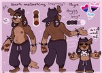 anthro backwards_hat bottomwear bracelet brown_body brown_fur brown_pawpads clothing crop_top ear_piercing floppy_ears fur gauged_ear half-closed_eyes hat headgear headwear jewelry male multicolored_body multicolored_fur narrowed_eyes pants pawpads paws piercing shirt slightly_chubby slightly_chubby_anthro slightly_chubby_male smile spiked_bracelet spikes stubble sweatpants text topwear two_tone_body two_tone_fur blushingrosewood bark_(blushingrosewood) canid canine canis domestic_dog mammal english_text hi_res model_sheet nonbinary_(lore)