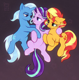 bedroom_eyes bite biting_lip biting_own_lip blue_body blue_hair blue_tail cutie_mark eye_contact eyelashes featureless_crotch female female/female feral group hair half-closed_eyes horn hug looking_at_another multicolored_hair narrowed_eyes orange_body pink_body purple_body purple_hair purple_tail red_hair red_tail seductive self_bite simple_background tail trio two_tone_hair two_tone_tail dirtyfox911911 equestria_girls friendship_is_magic hasbro my_little_pony mythology starlight_glimmer_(mlp) sunset_shimmer_(eg) trixie_(mlp) equid equine mammal mythological_creature mythological_equine unicorn 2022 hi_res signature