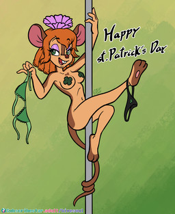 4_fingers anthro black_clothing black_panties black_text black_underwear bra breasts brown_body brown_ears brown_freckles brown_fur brown_nose brown_tail buckteeth clothing clover_pasties collarbone eyelashes eyeshadow feet female female_anthro fingers flower freckled_face freckles fur glistening_eyelids green_bra green_clothing green_eyes green_pasties green_underwear hair half-closed_eyes holding_bra holding_clothing holding_object holding_underwear holidays long_eyelashes long_hair looking_aside makeup medium_breasts multicolored_body multicolored_fur narrowed_eyes navel nipple_outline nude nude_anthro nude_female open_mouth open_smile orange_hair panties panties_around_ankle pasties pasties_only pink_inner_ear pink_tongue plant pole pupils purple_eyelids purple_eyeshadow purple_flower smile snout soles solo stripper stripper_pole subscribestar_logo tail tan_body tan_fur teeth text toes tongue two_tone_body two_tone_fur underwear undressing soulcentinel an_american_tail don_bluth st._patrick's_day subscribestar bridget_(an_american_tail) mammal mouse murid murine rodent 2026 dated english_text handwritten_text hi_res signature url
