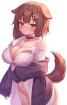 accessory big_breasts biped blush bodily_fluids breasts brown_body brown_ears brown_eyes brown_fur brown_hair brown_tail cleavage clothed clothing collar curled_tail curvy_female curvy_figure curvy_humanoid eyelashes female floppy_ears front_view fur furry_tail glistening glistening_body glistening_breasts glistening_skin hair hair_accessory hairclip hourglass_figure hourglass_figured_female hourglass_figured_humanoid jacket light_body light_skin looking_at_viewer monotone_body monotone_fur monotone_hair monotone_tail navel no_underwear open_clothing open_jacket open_shirt open_topwear partially_clothed purple_clothing purple_jacket purple_topwear shirt shy simple_background solo standing tail tears three-quarter_view topwear white_background white_clothing white_shirt white_topwear wide_hipped_female wide_hipped_humanoid wide_hips deaver hololive vtuber inugami_korone animal_humanoid canid canid_humanoid canine canine_humanoid dog_humanoid humanoid mammal mammal_humanoid absurd_res digital_media_(artwork) hi_res portrait three-quarter_portrait