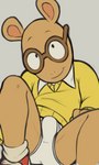 anthro brown_eyewear brown_glasses bulge butt clothed clothing eyewear glasses looking_at_viewer male shota simple_background smile smiling_at_viewer solo topwear underwear yellow_clothing yellow_topwear young young_anthro young_male dandi arthur_(series) arthur_read aardvark mammal