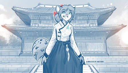 anthro asian_clothing biped bottomwear breasts clothed clothed_anthro clothed_female clothing cloud east_asian_clothing female fingers front_view fully_clothed fully_clothed_anthro fully_clothed_female fur hair hanbok korean_clothing looking_at_viewer markings outside sky smile solo spots spotted_body spotted_fur spotted_markings spotted_tail standing tail tail_markings topwear conditional_dnp tom_fischbach twokinds kathrin_vaughan keidran 2026 digital_drawing_(artwork) digital_media_(artwork) hi_res