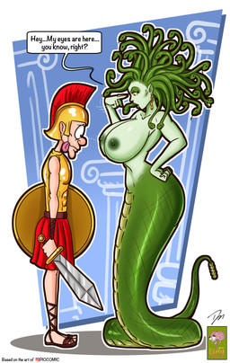 apode armor big_breasts breasts clothing dialogue duo ear_piercing female footwear gold_(metal) gold_armor gold_helmet green_body green_nipples green_scales green_skin huge_breasts humanoid_pointy_ears larger_female legless living_hair looking_at_breasts male melee_weapon my_eyes_are_up_here nipples piercing pointy_ears pseudo_hair rattle_(anatomy) sandals scales serpentine shield shoes size_difference smaller_male snake_hair split_form sword text tongue tongue_out weapon wide_hips the_dirty_mind european_mythology greek_mythology mythology medusa draconcopode gorgon human humanoid lamia mammal reptile scalie snake 2025 absurd_res english_text hi_res