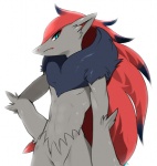 anthro blue_eyes claws frown fur grey_body grey_fur hair hand_on_hip long_hair looking_at_viewer male nude red_hair simple_background solo white_background agemono nintendo pokemon canid canine generation_5_pokemon mammal pokemon_(species) zoroark half-length_portrait portrait