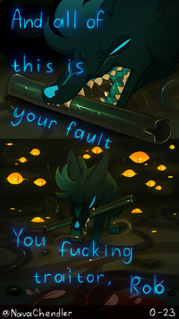 bioluminescent_markings blood blue_body blue_fur bodily_fluids dominant feral fur glowing glowing_eyes glowing_markings glowing_nose glowing_stripes horror_(theme) long_tail male markings narrative orange_eyes pointy_ears profanity quadruped sharp_teeth slime stripes tail teeth tentacles text threatening young young_male nava_chendler a_world_of_losers_(nava_chendler) astraconia_(nava_chendler) eyelet_(nava_chendler) neonfox_(nava_chendler) canid canine demon fox fox_spirit ink_demon mammal monster unknown_species 4k 9:16 absurd_res comic digital_media_(artwork) english_text hi_res story