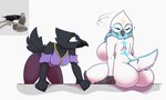 anthro big_breasts big_butt black_body black_feathers blue_eyes bottomwear breasts butt claws clothed clothing duo eyewear feather_hands feathers female female/female glasses looking_at_another looking_back looking_surprised pants question_mark raised_tail shocked sitting tail tail_feathers thick_thighs toe_claws white_body white_feathers twtr carol_the_owl dash_the_raven avian bird corvid corvus_(genus) humanoid oscine owl passerine raven 5:3 absurd_res hi_res
