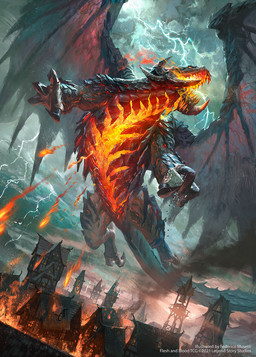 ambiguous_gender claws cloud destruction dutch_angle feral fire flying horn light macro membrane_(anatomy) membranous_wings open_mouth outside solo tail text town wings federico_musetti flesh_and_blood legend_story_studios mythology dragon mythological_creature mythological_scalie scalie english_text lighting official_art