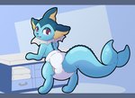 ambiguous_gender changing_table clothed clothing diaper digitigrade feral fin looking_at_viewer looking_back solo standing tail tail_fin wearing_diaper meowstic_(artist) nintendo pokemon eeveelution generation_1_pokemon pokemon_(species) vaporeon