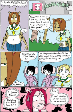 abdominal_bulge after_vore anthro asian_clothing belly black_hair bottomwear breasts brown_body brown_fur cigarette cigarette_in_mouth clothing crop_top dialogue east_asian_clothing female fur group hair japanese_clothing japanese_school_uniform object_in_mouth outside overweight pink_clothing pink_shirt pink_topwear school_uniform serafuku shirt skirt smoking smoking_cigarette speech_bubble sweater text topwear trio turtleneck uniform vore white_body white_fur s.sakurai felid mammal mouse murid murine rodent comic english_text