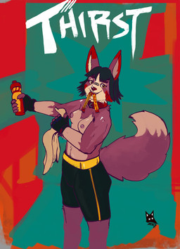 anthro band-aid bandage biceps bottomwear boxing breasts bright_colors caption clothed clothing collar female fur gloves gym handwear junk_food muscular muscular_anthro muscular_female purple_body purple_fur shorts simple_background solo sport star topless towel newd canid canine canis domestic_dog mammal