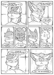 absurd_res adam_flint anthro bear black_and_white canid canine clothed clothing comic dialogue english_text eric_doyle female fox group hi_res hybrid inside kifyun2 male mammal missing_ear monochrome scar simple_background speech_bubble text