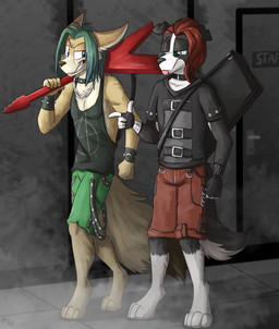 anthro biped black_body black_clothing black_fingerless_gloves black_fur black_gloves black_hair black_handwear black_nose black_shirt black_tank_top black_topwear bottomwear bracelet brown_bottomwear brown_clothing brown_shorts button_ears chain_necklace clothed clothing collar countershade_face countershade_fur countershade_tail countershade_torso countershading digitigrade duo electric_guitar eyebrows fingerless_gloves floppy_ears fluffy fluffy_tail fur gloves gloves_(marking) grin guitar hair half-closed_eyes handwear holding_guitar holding_musical_instrument holding_object jewelry leg_markings looking_at_another male markings multicolored_body musical_instrument narrowed_eyes necklace plucked_string_instrument red_bottomwear red_clothing red_hair red_shorts shirt short_hair shorts smile socks_(marking) spiked_bracelet spiked_collar spikes string_instrument tail tan_body tan_fur tank_top topwear two_tone_body walking white_body white_countershading white_fur white_markings fuf roger_eastwester sebastian_vollukk border_collie canid canine canis collie domestic_dog fennec_fox fox herding_dog mammal pastoral_dog sheepdog true_fox 2019 hi_res