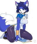 anthro blue_body blue_fur blue_hair blush clothed clothing cosplay dress female fur gold_(metal) hair kneeling looking_at_viewer solo tail tattoo white_body white_fur unknown_artist zak898 capcom nintendo star_fox street_fighter street_fighter_6 chun-li krystal_(star_fox) canid canine fox mammal 5:6 digital_media_(artwork) hi_res