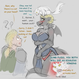 angry anthro big_breasts blonde_hair breasts dialogue female female_anthro feral fur group guiding hair horn insult male male_human navel non-mammal_breasts non-mammal_navel oblivious profanity propositioning question_mark text trio white_body white_fur naive_tabby mythology twokinds keiren_(twokinds) lady_nora_(twokinds) madam_reni_(twokinds) domestic_cat dragon felid feline felis human mammal mythological_creature mythological_scalie scalie english_text hi_res