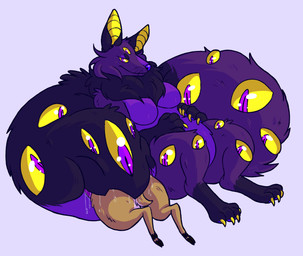ambiguous_feral ambiguous_gender anthro bodily_fluids breasts chest_tuft claws cloven_hooves digitigrade eyes_everywhere female female_anthro feral hand_on_belly hand_on_own_belly hooves living_tail multi_eye neck_tuft pawpads purple_body purple_eyes saliva scut_tail short_tail simple_background tail tail_fetish tail_play tail_vore toe_claws tuft unusual_anatomy unusual_tail unusual_vore vore whiskers yellow_body yellow_inner_ear yellow_sclera hellhoundfangs mildred_(hellhoundfangs) canid canine fox mammal 2016 hi_res