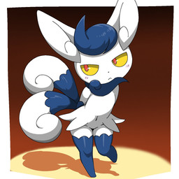 :< blue_body blue_hair blush female feral flat_chested hair hands_behind_back looking_away multi_tail navel red_eyes solo tail white_body wide_hips yellow_sclera noye nintendo pokemon generation_6_pokemon meowstic pokemon_(species) 1:1 2025 digital_drawing_(artwork) digital_media_(artwork) hi_res