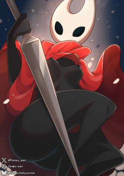 5_fingers anthro areola biped black_body breasts butt clothed clothed_anthro clothed_female clothing exposed_breasts female female_anthro fingers front_view genitals holding_object holding_weapon nipples solo thick_thighs vulva weapon fensu-san hollow_knight_(franchise) team_cherry hornet_(hollow_knight) arthropod 2025 digital_drawing_(artwork) digital_media_(artwork) hi_res