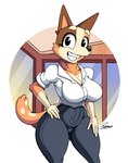 anthro bottomwear breasts brown_body brown_fur clothing detailed_background female fur multicolored_body multicolored_fur orange_body orange_fur shirt smile solo thick_thighs topwear wide_hips reymonrr bluey_(series) chilli_heeler australian_cattle_dog canid canine canis cattledog domestic_dog herding_dog mammal pastoral_dog absurd_res hi_res