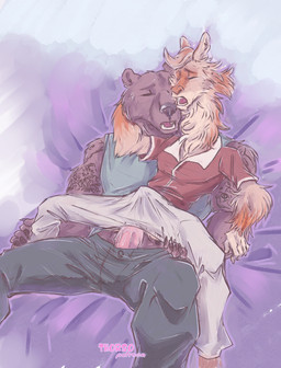 anal anal_penetration anthro anthro_on_anthro anthro_penetrated anthro_penetrating anthro_penetrating_anthro bareback bent_spoon_position bottomwear brown_body brown_fur clothed clothed_sex clothing duo erection erection_under_clothing eyes_closed from_behind_position fur genitals grey_bottomwear grey_clothing grey_pants interspecies looking_pleasured lying male male/male male_on_bottom male_on_top male_penetrated male_penetrating male_penetrating_male on_back on_bottom on_top pants penetration penile penile_penetration penis penis_in_ass red_clothing red_shirt red_topwear romantic romantic_couple sex shirt tan_body tan_fur topwear thorso_the_vile beastars riz_(beastars) san_(beastars) alpaca bear brown_bear camelid mammal ursine 2021 hi_res