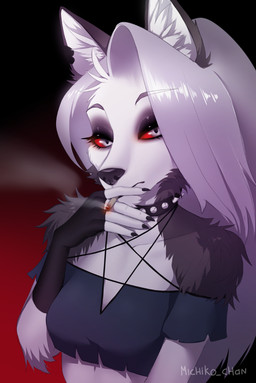 5_fingers anthro arm_tuft armwear biped black_background black_body black_claws black_clothing black_collar black_fur black_nose black_topwear breasts cheek_tuft cigarette claws clothed clothing collar detached_sleeves eyebrows facial_tuft female fingers front_view fur gradient_background grey_eyebrows grey_eyes hair half-closed_eyes holding_object inner_ear_fluff inverted_pentagram long_hair looking_at_viewer makeup multicolored_body multicolored_fur narrowed_eyes occult_symbol pentagram red_background red_sclera shoulder_tuft shoulderless_shirt simple_background smoke smoking solo spiked_collar spikes standing symbol text three-quarter_view topwear tuft two_tone_body two_tone_fur white_body white_fur white_hair michikochan hellaverse helluva_boss mythology loona_(helluva_boss) canid canid_demon canine demon hellhound mammal mythological_canine mythological_creature 2020 digital_drawing_(artwork) digital_media_(artwork) half-length_portrait portrait signature