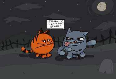 balls black_stripes blue_body blue_fur cemetery circumcised cleft_lip cloud dipstick_ears dipstick_tail duo ear_markings feral flaccid foreskin fur genitals gloves_(marking) grass iron_bars leg_markings male markings moon multicolored_ears orange_body orange_fur penis plant socks_(marking) speech_box stitched_penis stripes surgical_suture tail tail_markings tombstone whiskers yolka mewgenics dybbuk_(mewgenics) sour_puss_(pac-man) felid feline mammal waddling_head hi_res