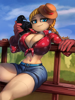 big_breasts bottomwear bra breasts clothing female fence gloves handwear midriff navel scarecrow shirt shorts smile solo tied_shirt topwear underwear unusual_navel general-irrelevant avian bird corvid corvus_(genus) crow humanoid oscine passerine 3:4 hi_res