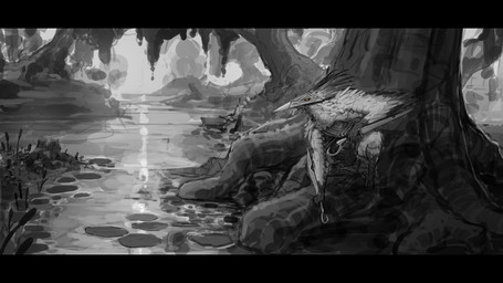 ambiguous_gender anthro armor avian_feet black_bars crouching feathered_arms feathered_headdress feathers holding_object holding_weapon mask plant river solo swamp tree water weapon yellow_eyes glewes avian 16:9 4k absurd_res hi_res letterbox sketch widescreen