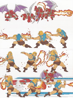 anthro armor barbarian blonde_hair breath_powers duo elemental_manipulation fire fire_breathing fire_manipulation fire_sword hair horn humanoid_pointy_ears male membrane_(anatomy) membranous_wings pointy_ears red_body tail wings alexbaxthedarkside capcom demon's_crest gargoyle's_quest ghosts_'n_goblins masters_of_the_universe mattel firebrand he-man demon gargoyle human mammal red_arremer absurd_res hi_res traditional_media_(artwork)