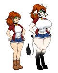 anthro before_and_after bell bell_collar big_breasts boots bottomwear breast_expansion breasts clothing collar ear_piercing ear_tag expansion female footwear freckles green_eyes growth hair hooves horn horn_growth human_to_anthro midriff navel piercing ponytail shoes shorts simple_background smile solo species_transformation standing transformation white_background riddleaugust bovid bovine cattle human mammal 2019 4:5 hi_res