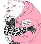 anthro blush clothing duo hoodie hug human_on_anthro humanoid_hands interspecies male overweight overweight_male tattoo text tongue tongue_out topwear nekokat42 one_piece bepo_(one_piece) trafalgar_law bear human mammal minkmen_(one_piece) polar_bear ursine 2023 translation_request