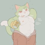 anthro beverage_can blush blush_lines bodily_fluids body_hair bottomwear breath bubble bulge can cheek_tuft chest_tuft clothed clothing container dipstick_tail drunk drunk_bubble facial_tuft fur gloves green_body green_fur grey_background handwear happy_trail holding_can holding_container holding_object male markings multicolored_body multicolored_fur musclegut muscular muscular_anthro muscular_male nipples open_mouth open_smile overweight overweight_anthro overweight_male pants pecs pink_nipples pink_nose pubes raised_tail red_bottomwear red_clothing red_eyes red_pants simple_background smile solo standing substance_intoxication sweat sweatdrop tail tail_markings teeth three-quarter_view topless tuft two_tone_body two_tone_fur white_body white_fur yellow_clothing yellow_gloves yellow_handwear cafongterua solay_(cafongterua) domestic_cat felid feline felis mammal 2025 digital_media_(artwork) flat_colors portrait three-quarter_portrait