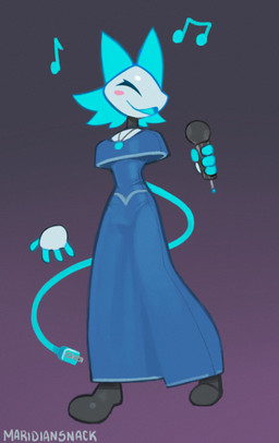 4_fingers anthro blue_body blue_clothing blue_dress blue_ears blue_hair blush blush_stickers breasts cleavage clothed clothing cord_tail dress electronics eyes_closed female fingers floating_hands gradient_background hair microphone multicolored_body musical_note musical_symbol open_mouth simple_background singing solo symbol tail two_tone_body white_body maridiansnack deltarune undertale_(series) tasque_manager darkner felid feline mammal robot_anthro full-length_portrait hi_res portrait
