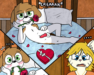 age_difference anatomically_correct anatomically_correct_genitalia anatomically_correct_penis animal_genitalia animal_penis anthro balls bed canine_genitalia canine_penis caught embarrassed erection female female_anthro flower flower_in_mouth furniture genitals knot knotted_penis male male_anthro nude older_female penis petals plant rose_(flower) rose_petals seductive walk-in young young_anthro young_male younger_male pokefound da_silva ollie_(pokefound) canid canine canis domestic_cat domestic_dog felid feline felis mammal 5:4 hi_res