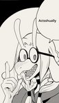 5_fingers anthro claws clothed clothing cosplay eyewear female fingers floppy_ears gesture glasses hair halftone hand_gesture horn looking_at_viewer pointing sharp_teeth simple_background smile solo teeth newd delicious_in_dungeon mythology marcille_donato sybyl_(newd) dragon mythological_creature mythological_scalie scalie black_and_white comic digital_media_(artwork) meme monochrome