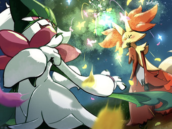 3_fingers ambiguous_gender anthro blush blush_lines claws duo finger_claws fingers fireworks flower_(anatomy) fur green_body green_fur inner_ear_fluff jagged_mouth mask night open_mouth pawpads paws pink_eyes pink_nose red_body red_fur red_inner_ear_fluff red_nose smile tuft yellow_body yellow_ears yellow_fur wasawasa nintendo pokemon delphox generation_6_pokemon generation_9_pokemon meowscarada pokemon_(species)