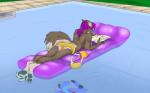 2019 3_toes amber_(predation) anthro barefoot being_watched bikini blue_eyes breasts butt canid canine casual_exposure clothed clothing duo feet female hair half-closed_eyes looking_at_another lying mammal mostly_nude narrowed_eyes on_front outside pawpads paws pool_float predation_(game) purple_hair reading sephra side_boob solo_focus swimming_pool swimwear toes topless topless_anthro topless_female water