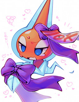 ambiguous_gender blue_eyes not_furry ofuda ofuda_on_forehead orange_body paper_seal ribbons simple_background solo talisman text white_background kokemushi nintendo pokemon generation_4_pokemon normal_rotom pokemon_(species) rotom japanese_text