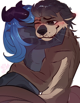 anthro arm_around_waist black_body blue_hair brown_body clothed clothing facial_scar female grey_body hair horn hug interspecies male male/female multicolored_body scar tail topless topless_female topless_male sdannii lem(lemonsv2) nora_(stove2) kobold mammal mustelid otter scalie sea_otter hi_res