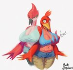 anthro anthrofied beak big_breasts bottomwear bra breast_grab breasts clothing daisy_dukes denim denim_bottomwear denim_clothing denim_shorts duo feather_hands feathers female female/female green_eyes hand_on_breast hotpants huge_breasts midriff non-mammal_breasts red_body red_feathers scuted_legs scutes shorts thick_thighs underwear sabrotiger banjo-kazooie cartoon_network rareware regular_show kazooie margaret_smith_(regular_show) avian bird breegull cardinal_(bird) oscine passerine 2024 crossover hi_res