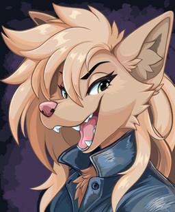 anthro black_eyebrows blonde_hair blue_clothing blue_jacket blue_topwear chest_tuft clothing eyebrows eyelashes fangs female fur green_eyes hair inner_ear_fluff jacket long_hair looking_at_viewer monotone_body monotone_fur monotone_hair open_mouth open_smile pink_nose pink_tongue smile snout solo tan_body tan_fur teeth tongue topwear tuft feve canid canine mammal colored digital_drawing_(artwork) digital_media_(artwork) hi_res shaded