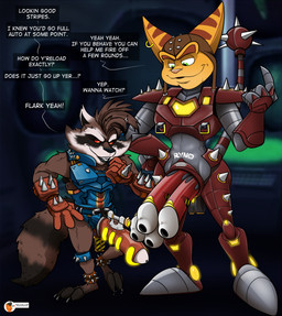 3_toes 4_fingers anthro armor balls black_lips blue_clothing body_modification breastplate brown_body brown_fur clothing duo ear_markings ear_piercing ear_ring facial_markings feet fingers fur genitals glowing glowing_armor glowing_genitalia green_eyes gun gun_penis handlebar_piercing hat hazard_stripes head_markings headgear headwear leather leather_hat leather_headgear leather_headwear lips mace_tail male markings mask_(marking) mohawk multi_genitalia multi_penis penis piercing prosthetic_balls prosthetic_penis ranged_weapon red_armor red_eyes red_sclera ring_piercing scope sharp_teeth shoulder_pads size_difference spiked_ankleband spiked_armor spiked_gauntlets spiked_knee_pads spiked_shoulder_pads spikes striped_ears striped_markings striped_tail stripes tail tail_markings teeth text toes weapon weapon_tail yellow_body yellow_fur kanada guardians_of_the_galaxy marvel marvel_rivals ratchet_and_clank sony_corporation sony_interactive_entertainment ratchet_(ratchet_and_clank) rocket_raccoon lombax mammal procyonid raccoon english_text hi_res