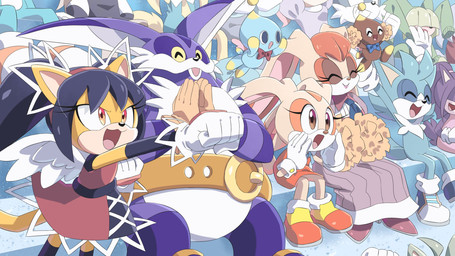 anthro black_hair cheering clapping clothing dress female group hair male pom_poms red_clothing red_dress sitting ririkuma idw_publishing sega sonic_the_fighters sonic_the_hedgehog_(comics) sonic_the_hedgehog_(idw) sonic_the_hedgehog_(series) big_the_cat cheese_the_chao chocola_the_chao cream_the_rabbit honey_the_cat vanilla_the_rabbit chao_(sonic) domestic_cat felid feline felis lagomorph leporid mammal rabbit hi_res