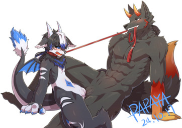 andromorph andromorph/andromorph animal_genitalia anthro anthro_on_anthro black_nose black_sclera blue_eyes blue_markings cheek_tuft chest_tuft duo facial_tuft frottage fur genitals gloves_(marking) grey_body grey_eyes grey_fur grey_hair hair intersex intersex/intersex larger_andromorph larger_intersex leash leash_pull male markings multicolored_hair muscular muscular_andromorph muscular_anthro muscular_intersex muscular_male neck_tuft nude penile penises_touching sex simple_background sitting size_difference smaller_andromorph smaller_intersex spread_legs spreading tribadism tuft two_tone_hair vaginal vulva white_background white_body white_fur white_hair white_markings papayafurry mythology canid canine dragon furred_dragon furred_scalie mammal mythological_creature mythological_scalie scalie hi_res